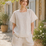 100% Linen Square Neck Short Sleeve Blouse