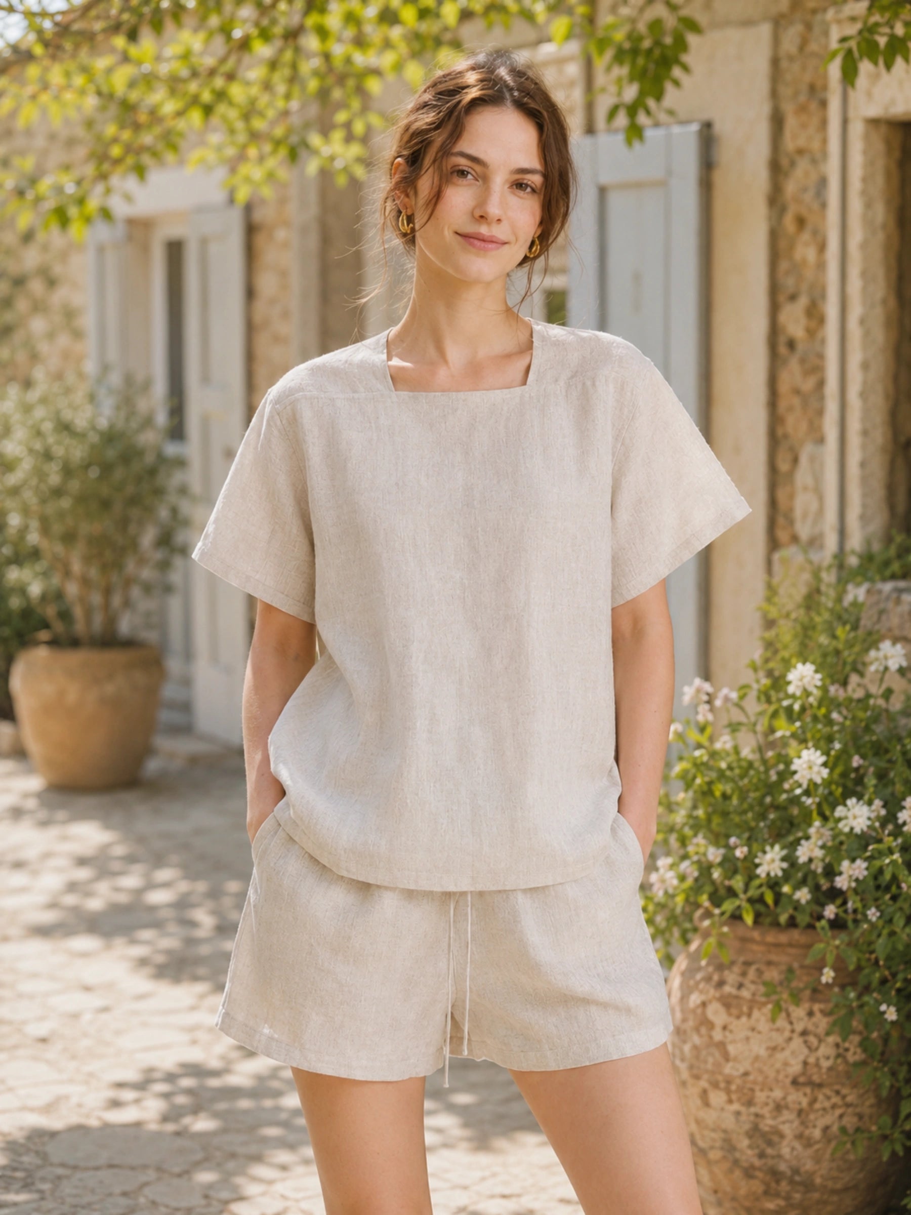 100% Linen Square Neck Short Sleeve Blouse