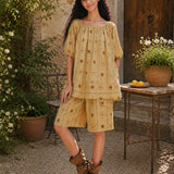 100% Linen Floral Print Elastic Bubble Sleeve Blouse