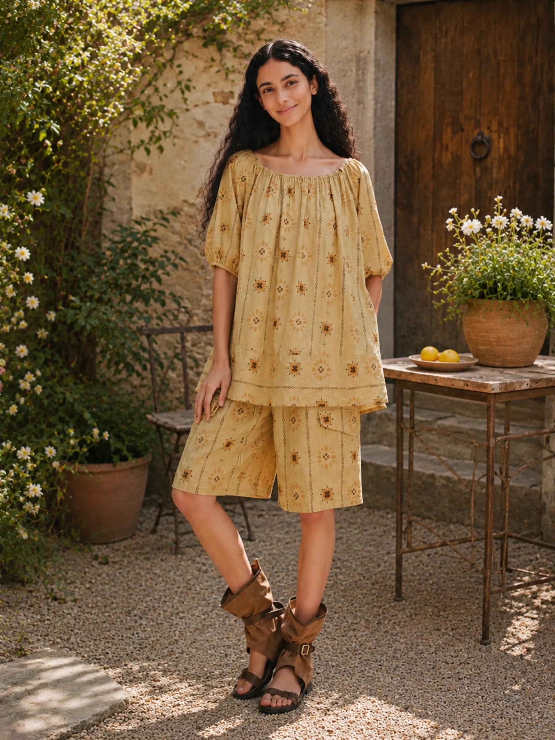 100% Linen Floral Print Elastic Bubble Sleeve Blouse