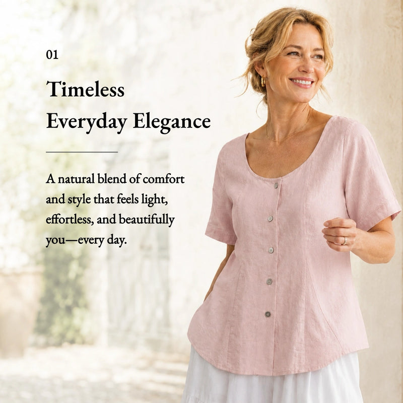 100% Linen U Scoop Neck Button Front Short Sleeve Blouse