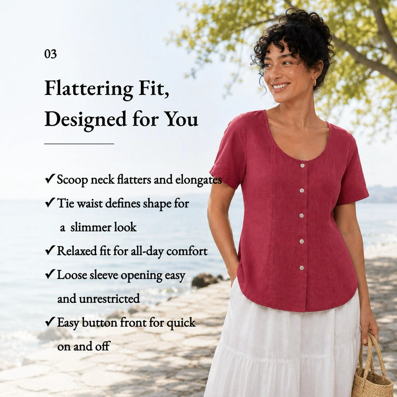 100% Linen U Scoop Neck Button Front Short Sleeve Blouse