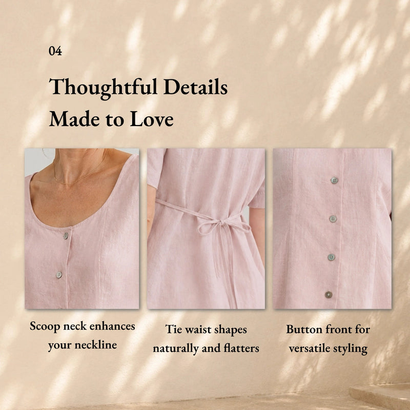 100% Linen U Scoop Neck Button Front Short Sleeve Blouse