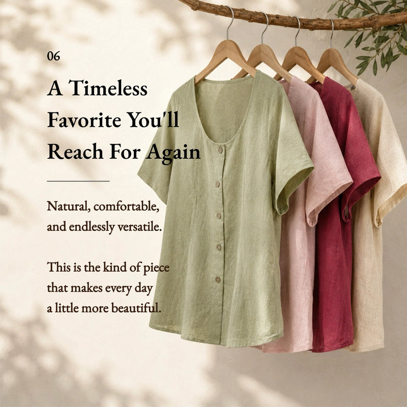 100% Linen U Scoop Neck Button Front Short Sleeve Blouse