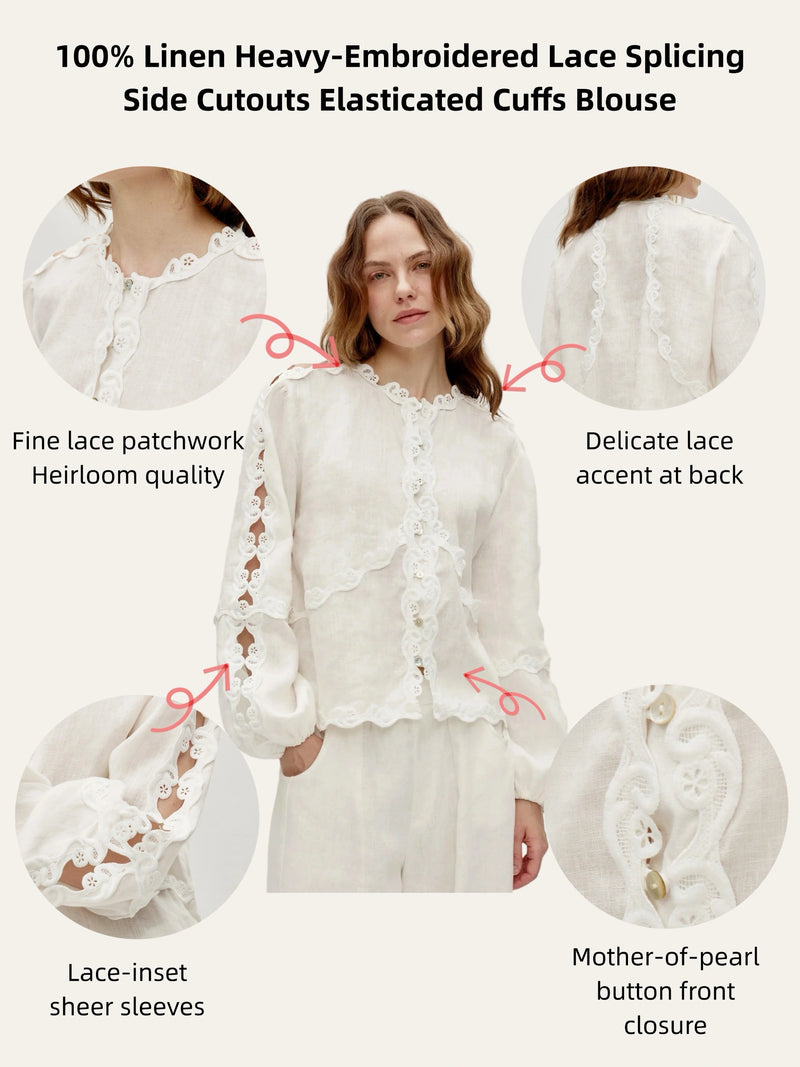 100% Linen Heavy-Embroidered Lace Splicing Side Cutouts Elasticated Cuffs Blouse
