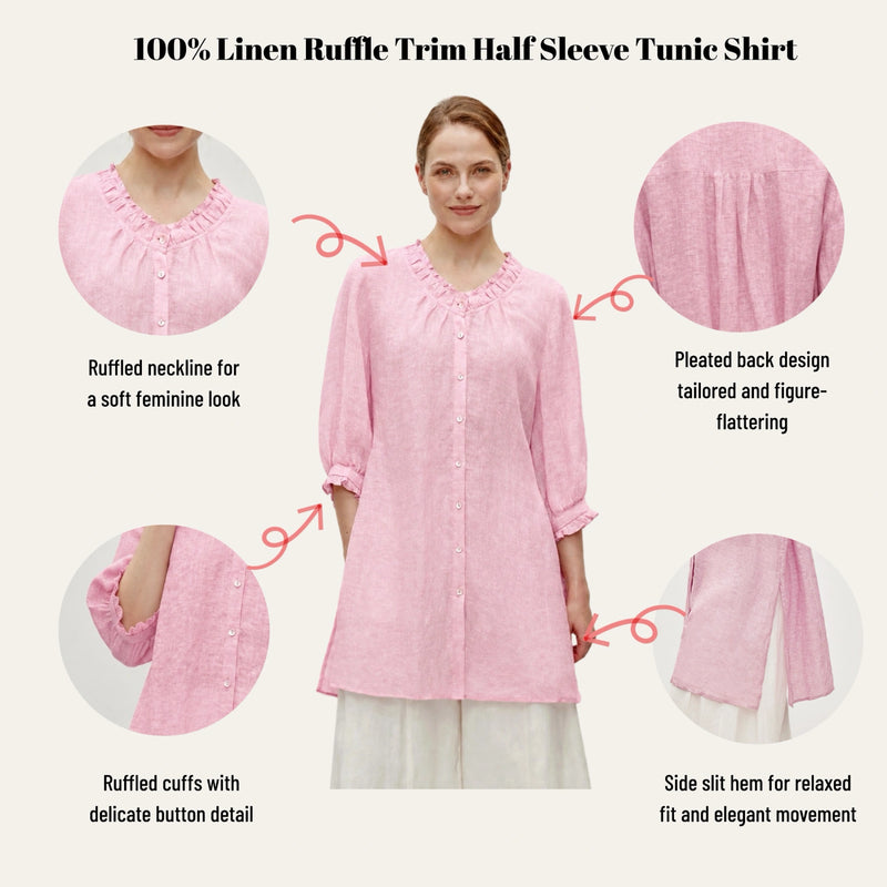 100% Linen Ruffle Trim Half Sleeve Tunic Shirt