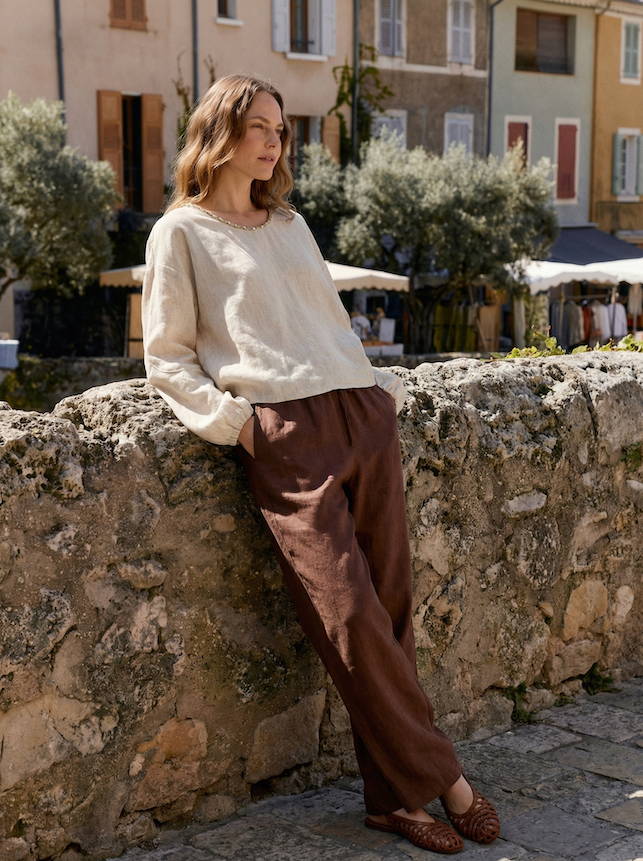 100% Linen Elastic Drawstring Straight Leg Pants