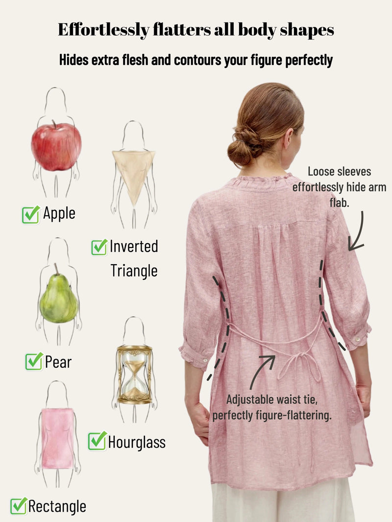 100% Linen Ruffle Trim Half Sleeve Tunic Shirt