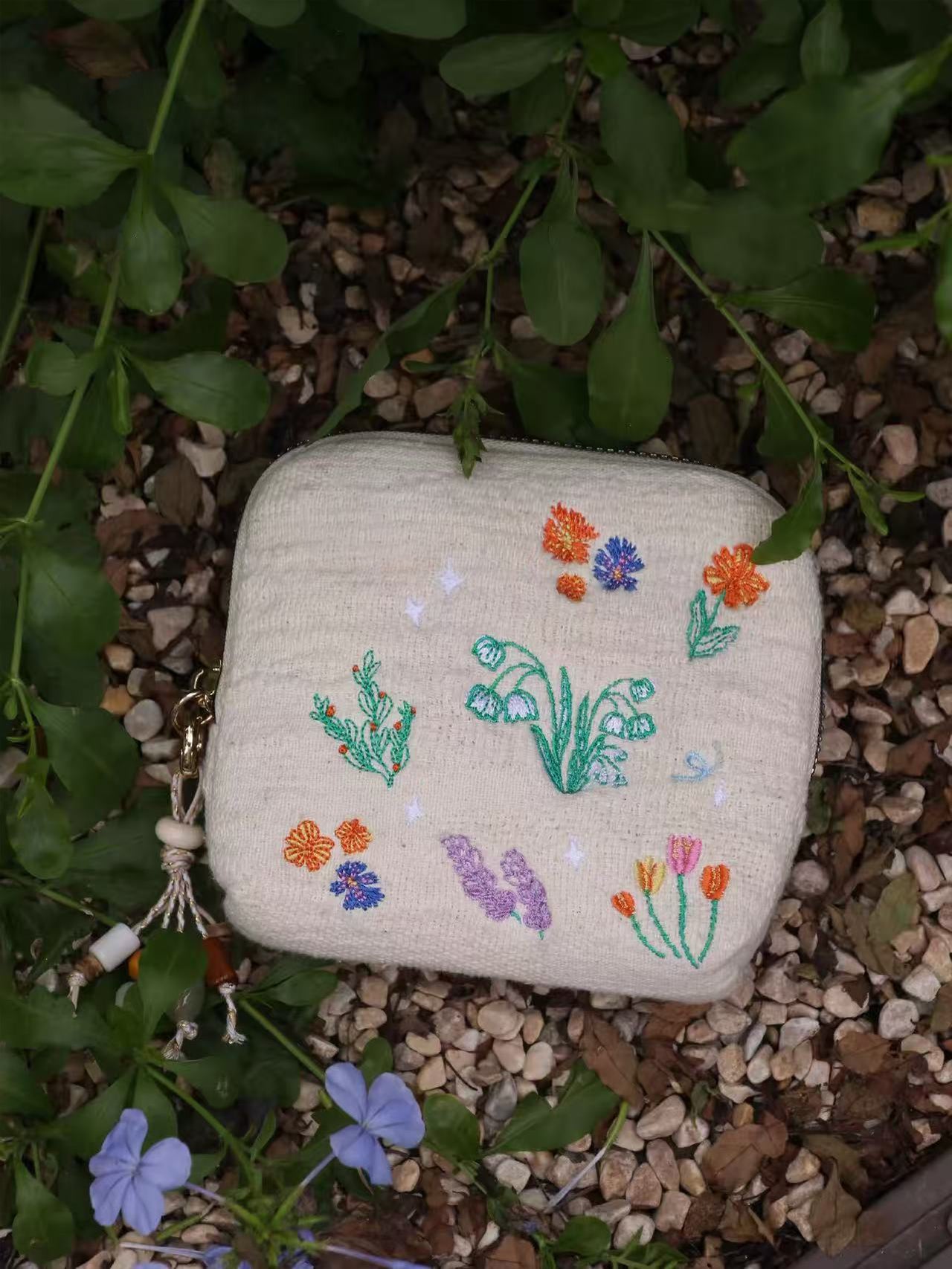 Linen Cotton Multi Embroidered Flower Pendant Wallet