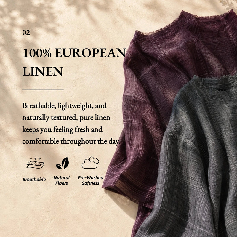 100% Linen Vintage Grid Round Neck Half-Sleeve Blouse