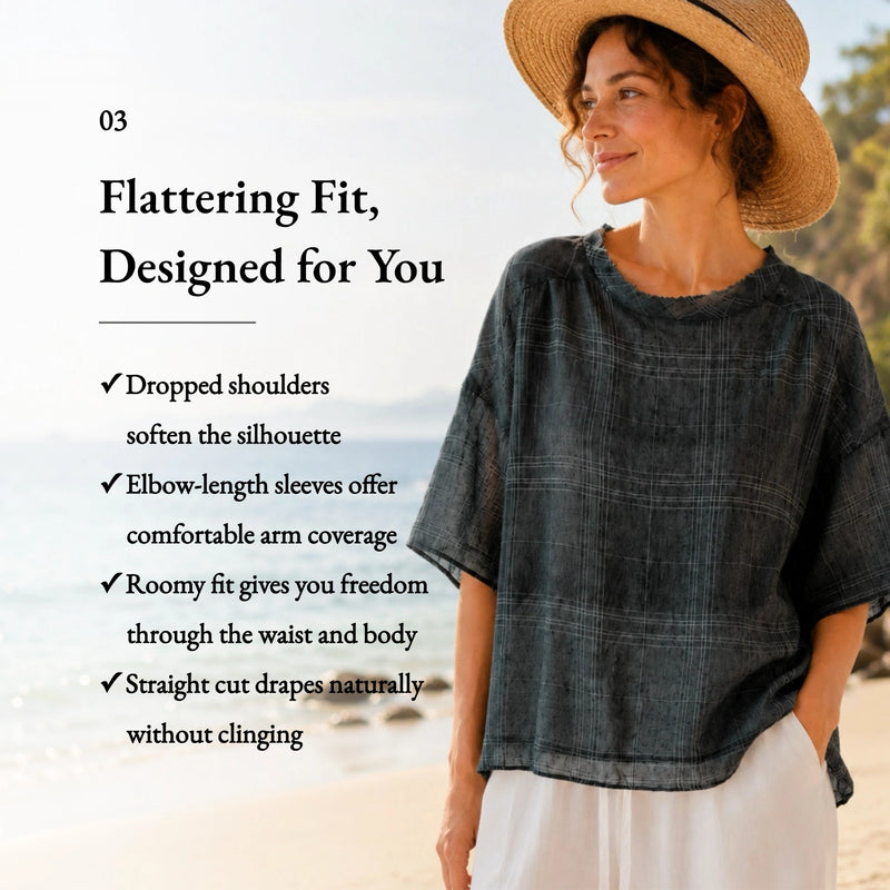 100% Linen Vintage Grid Round Neck Half-Sleeve Blouse