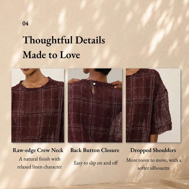 100% Linen Vintage Grid Round Neck Half-Sleeve Blouse
