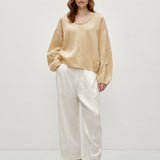 100% Linen Beaded Neckline Elastic Cuffs Blouse