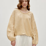 100% Linen Beaded Neckline Elastic Cuffs Blouse