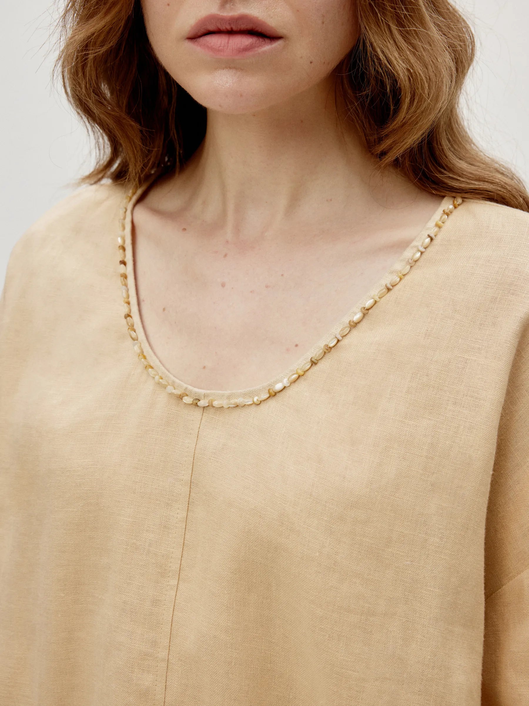 100% Linen Beaded Neckline Elastic Cuffs Blouse