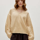 100% Linen U-Neck Elasticated Cuffs Pleated Long Sleeve Blouse
