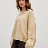 100% Linen U-Neck Elasticated Cuffs Pleated Long Sleeve Blouse