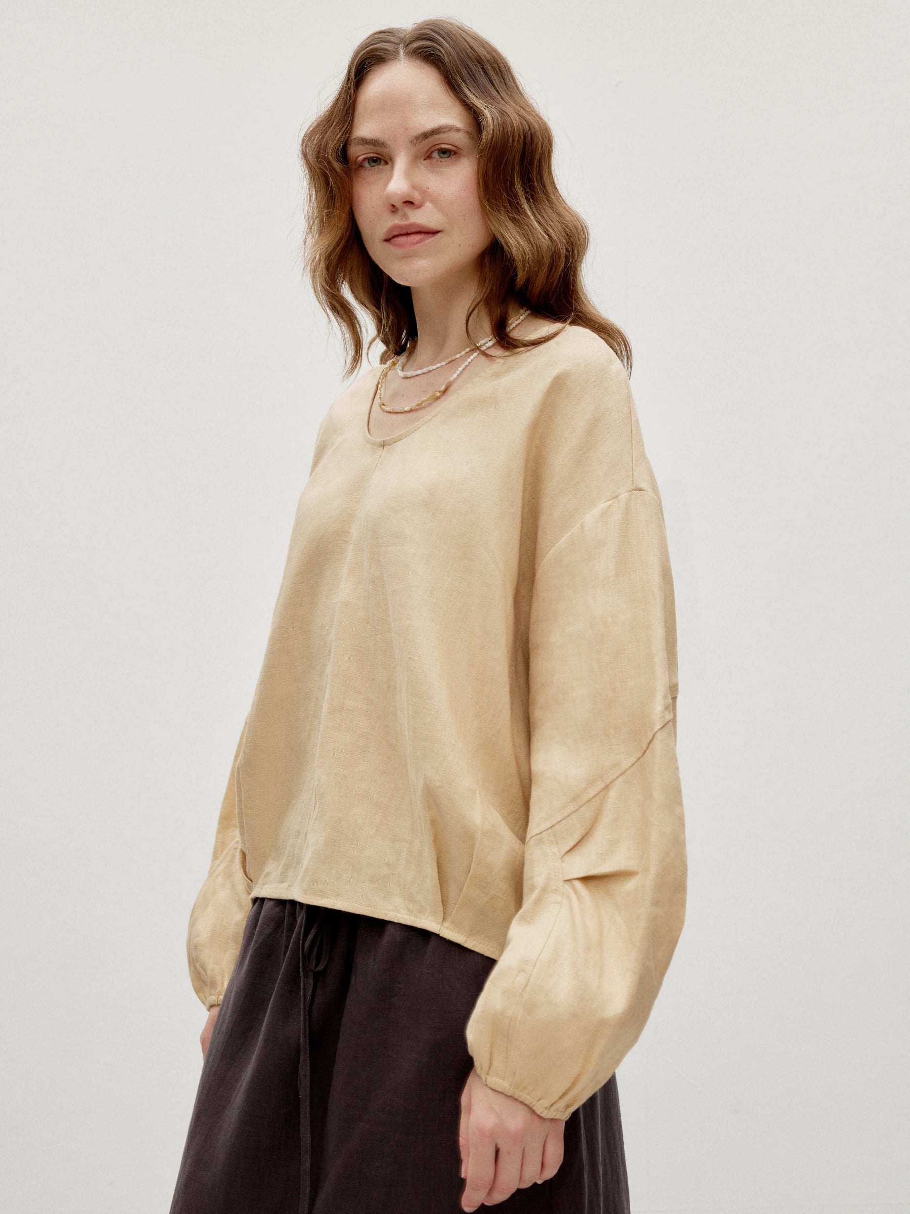 100% U-Neck Elasticated Cuffs Pleated Long Sleeve Blouse