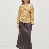 100% Linen Asymmetric Shoulder Side Ruched Ruffle Sleeve Blouse