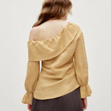 100% Linen Asymmetric Shoulder Side Ruched Ruffle Sleeve Blouse