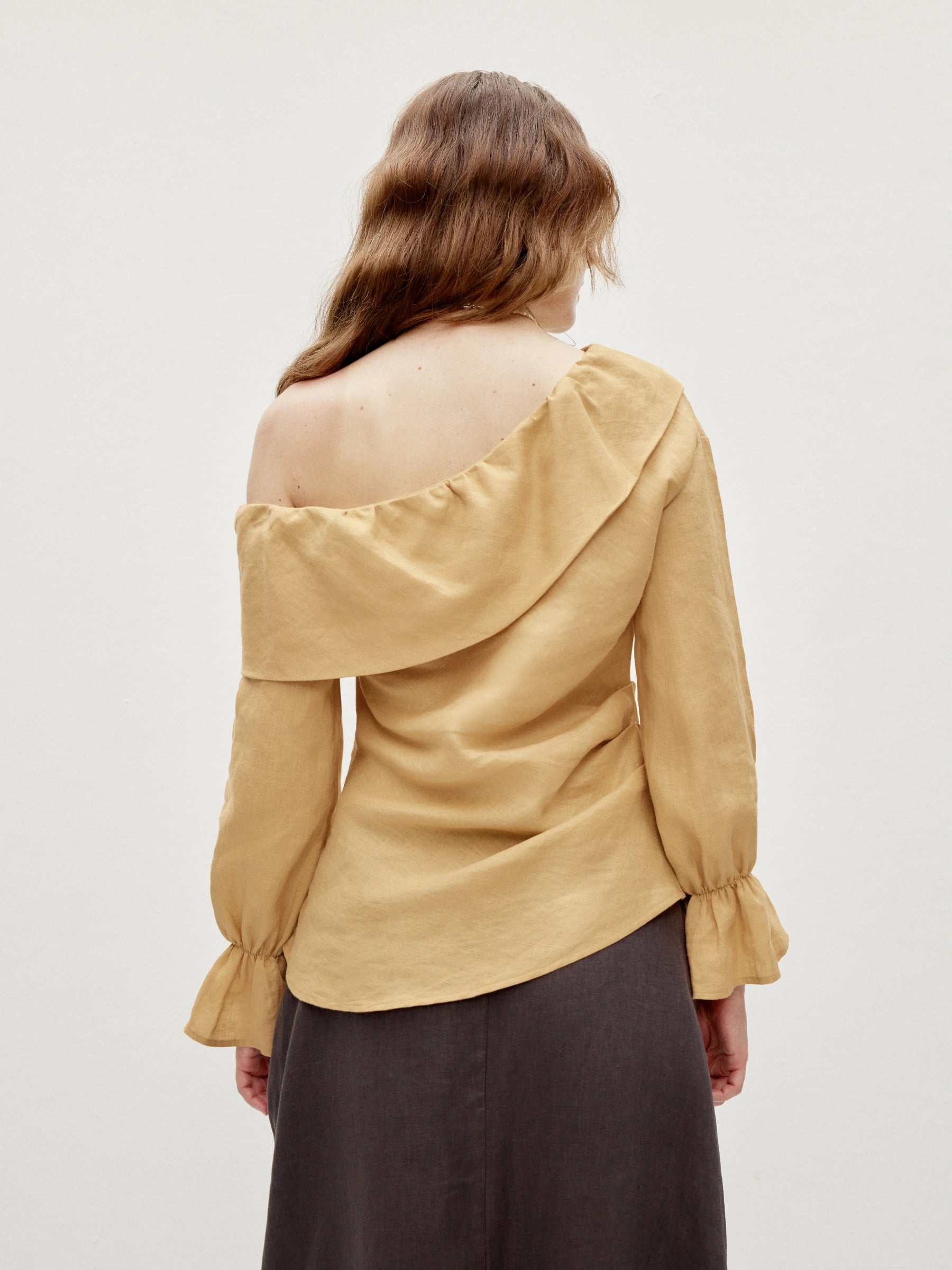 100% Linen Asymmetric Shoulder Side Ruched Ruffle Sleeve Blouse