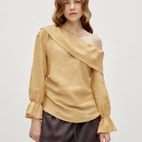 100% Linen Asymmetric Shoulder Side Ruched Ruffle Sleeve Blouse