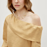 100% Linen Asymmetric Shoulder Side Ruched Ruffle Sleeve Blouse