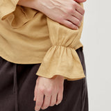 100% Linen Asymmetric Shoulder Side Ruched Ruffle Sleeve Blouse