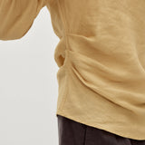 100% Linen Asymmetric Shoulder Side Ruched Ruffle Sleeve Blouse