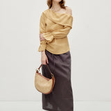 100% Linen Asymmetric Shoulder Side Ruched Ruffle Sleeve Blouse