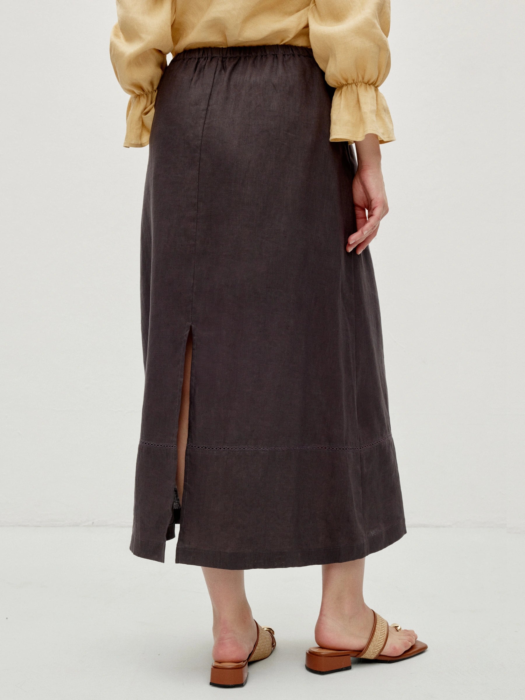 100% Linen Elastic Waist Pocket H-Line Maxi Skirt