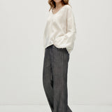 100% Linen U-Neck Elasticated Cuffs Pleated Long Sleeve Blouse