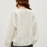100% Linen U-Neck Elasticated Cuffs Pleated Long Sleeve Blouse