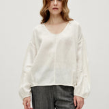 100% Linen U-Neck Elasticated Cuffs Pleated Long Sleeve Blouse