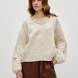 100% Linen Beaded Neckline Elastic Cuffs Blouse