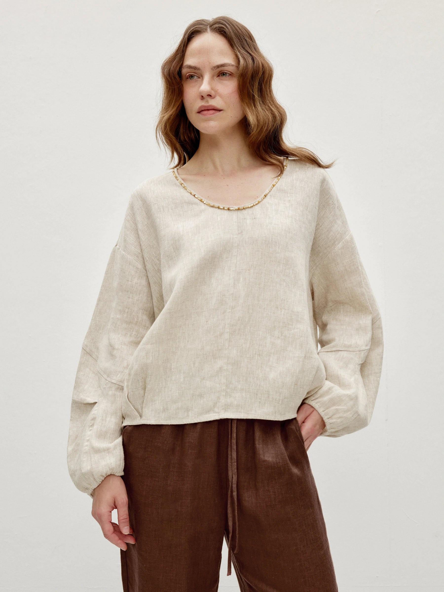 100% Linen Beaded Neckline Elastic Cuffs Blouse