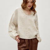 100% Linen Beaded Neckline Elastic Cuffs Blouse