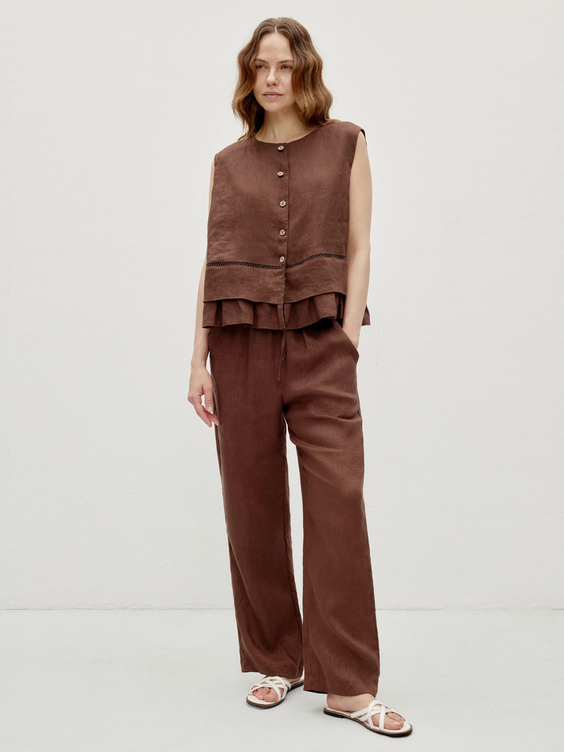 100% Linen Embroidered Tank & Straight Leg Pants Set
