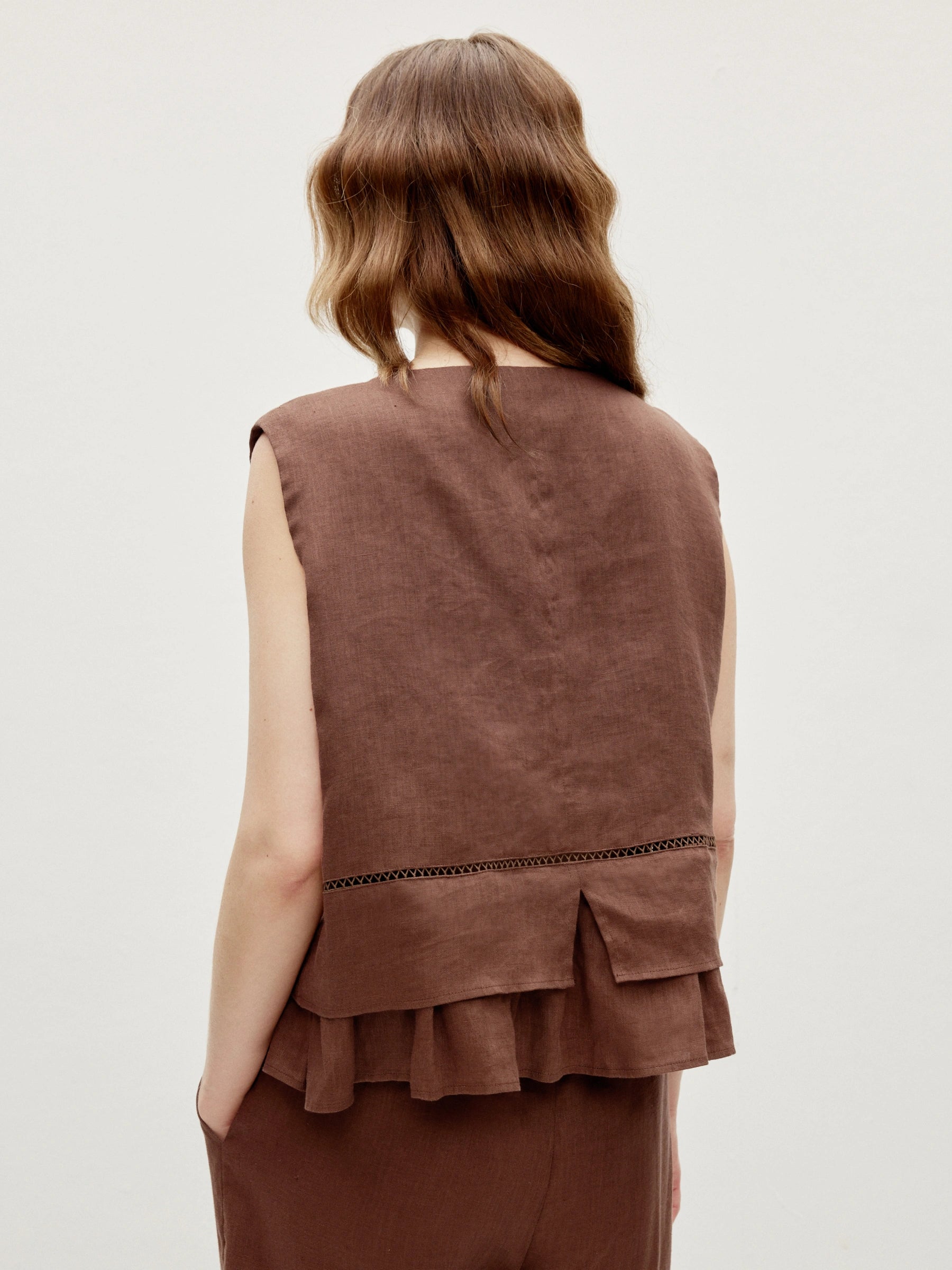 100% Linen Button Down Embroidery Ruffle Hem Tank Top