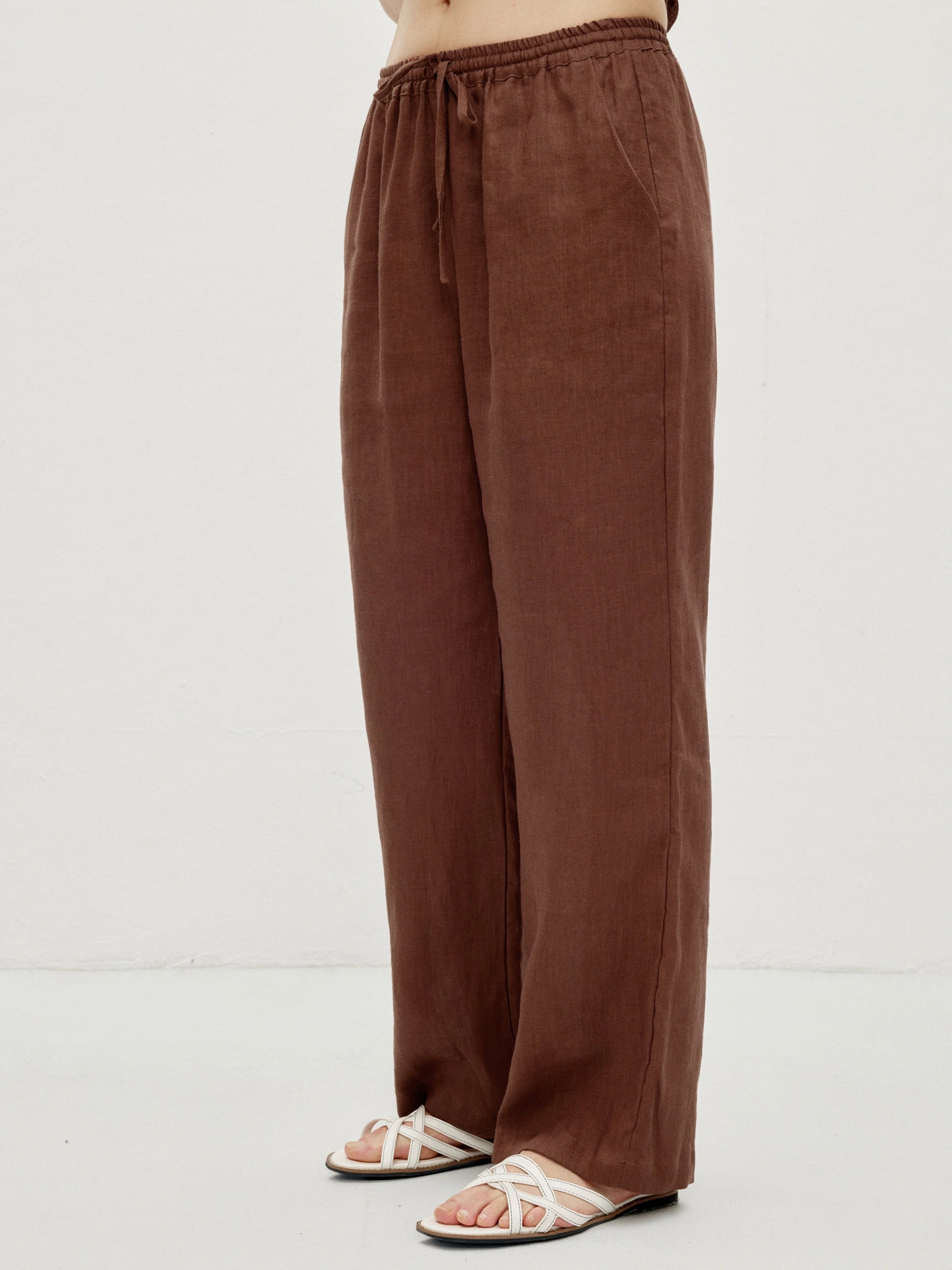 100% Linen Elastic Drawstring Straight Leg Pants