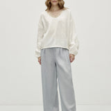 100% Linen Beaded Neckline Elastic Cuffs Blouse