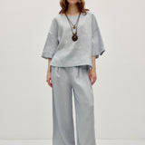 100% Linen Round Neck Half Sleeve Curved Hem Relaxed Blouse