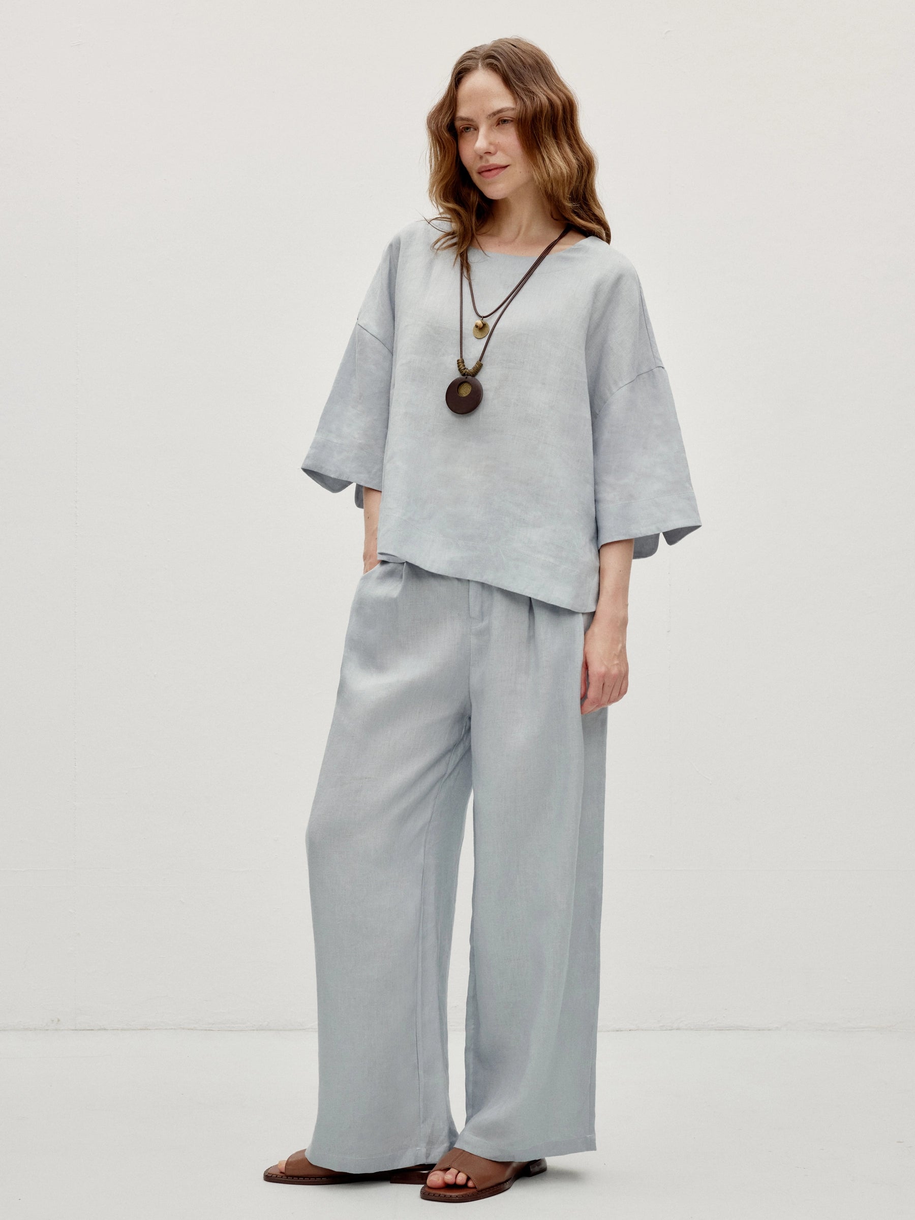 100% Linen Relaxed Blouse & Wide Leg Pants Set