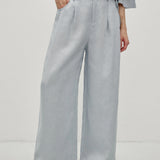 100% Linen Elastic Waist Pleated Wide Leg Pants