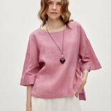 100% Linen Round Neck Half Sleeve Curved Hem Relaxed Blouse