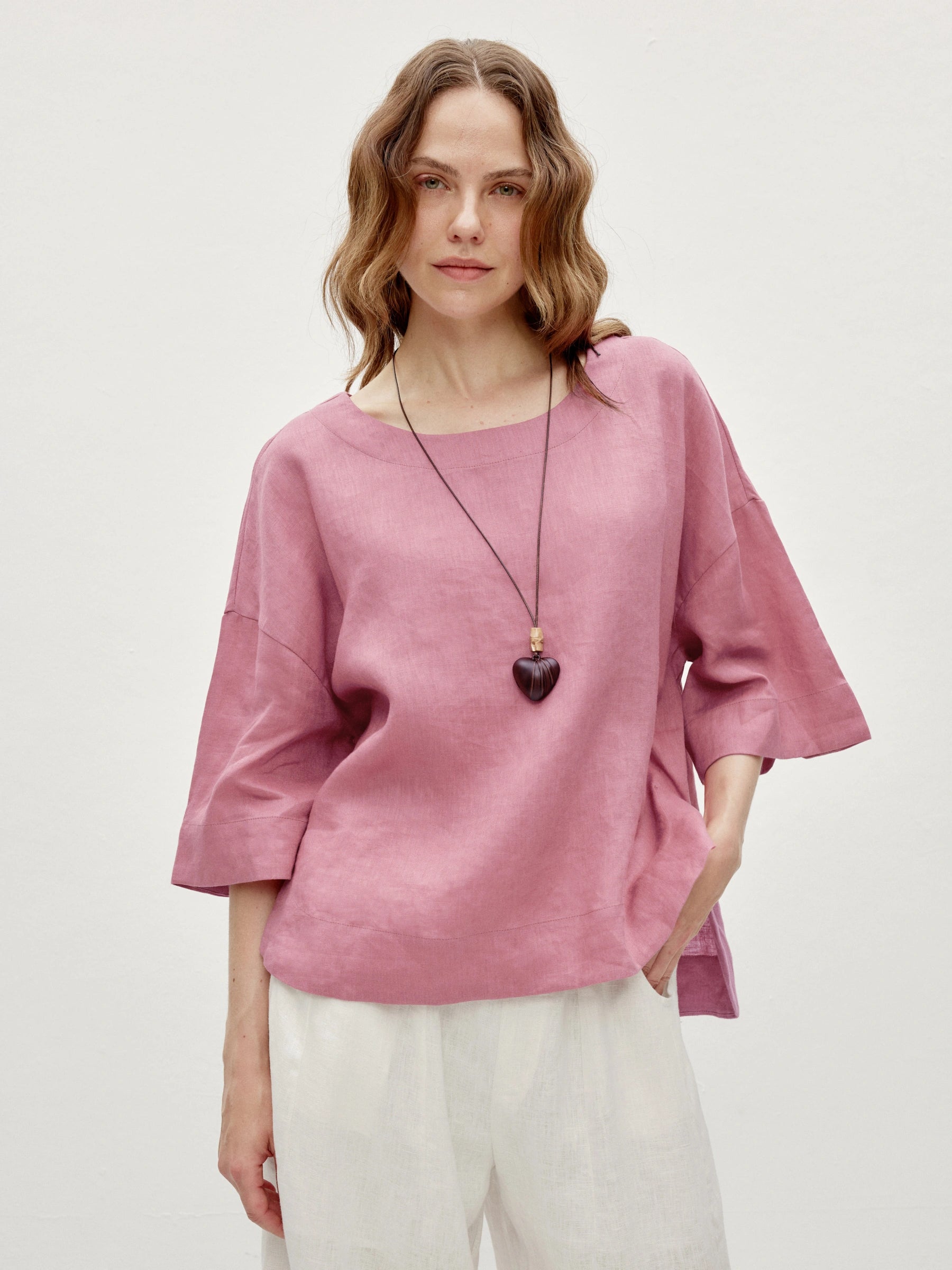 100% Linen Round Neck Half Sleeve Curved Hem Relaxed Blouse