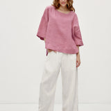 100% Linen Round Neck Half Sleeve Curved Hem Relaxed Blouse