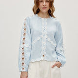 100% Linen Heavy-Embroidered Lace Splicing Side Cutouts Elasticated Cuffs Blouse