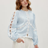 100% Linen Heavy-Embroidered Lace Splicing Side Cutouts Elasticated Cuffs Blouse