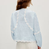 100% Linen Heavy-Embroidered Lace Splicing Side Cutouts Elasticated Cuffs Blouse